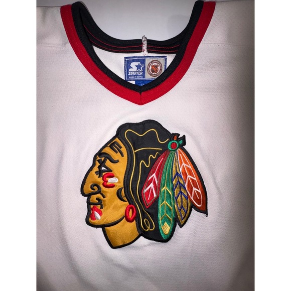Vintage Starter Chicago Blackhawks Hockey Jersey Mens Size S/M DAZE 55 White Red